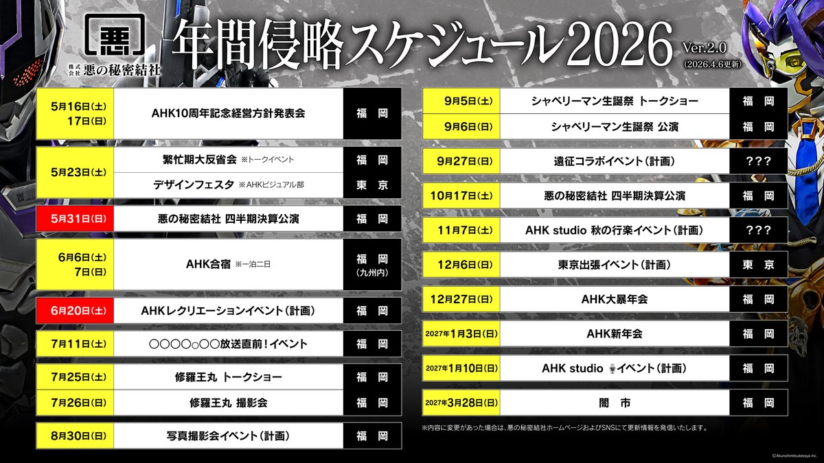 【年間イベントスケジュール（修正版）】

誠に申し訳ございません。

諸事情により、年間イベントスケジュールに変更・中止・追加がございますので、ご案内申し上げます。

■変更
・6月28日（日）決算公演
　→ 5月31日（日）へ変更
■中止
・10月10日（土）開催予定 トークショー
　→