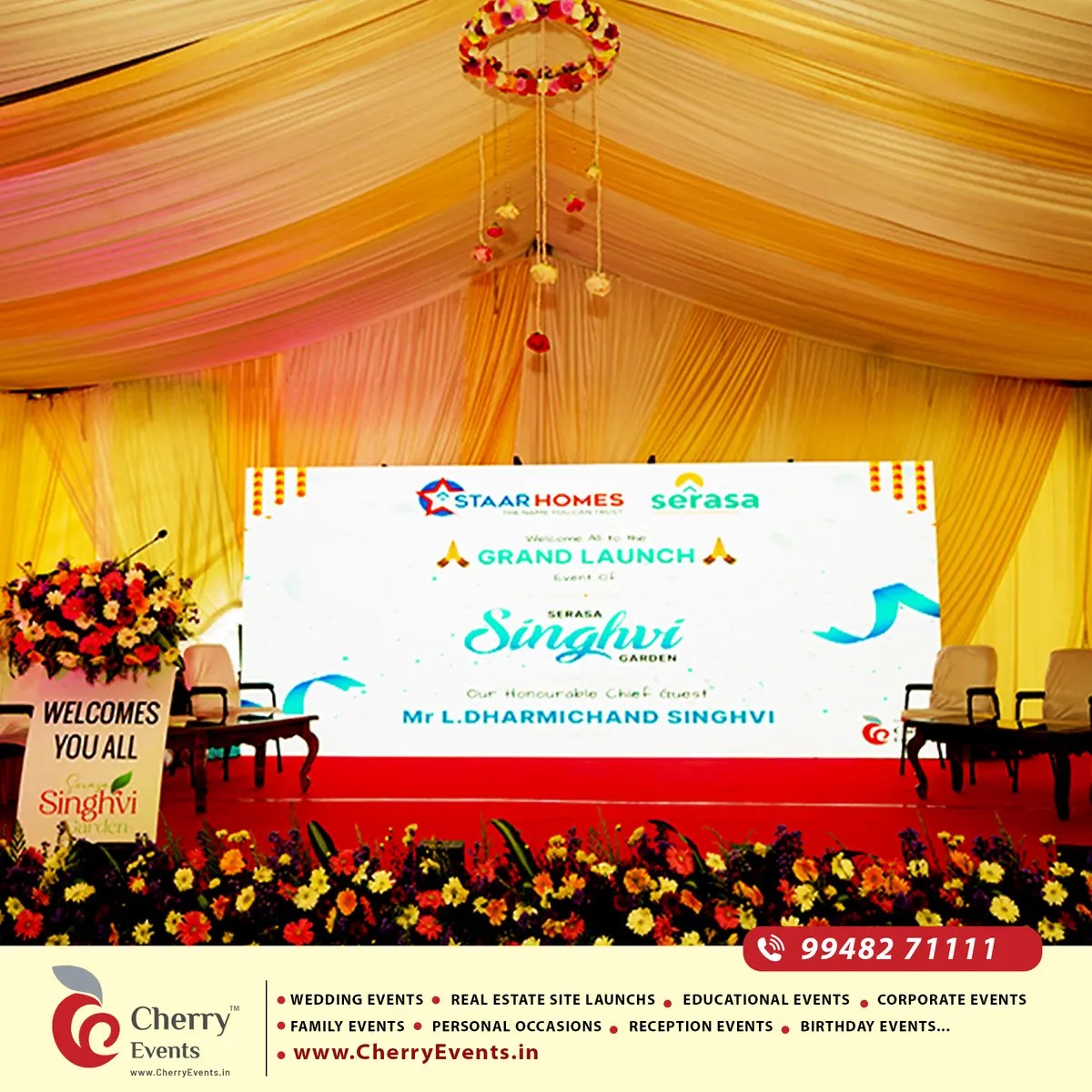 CherryEvents7's tweet photo. Cherry Events proudly managed the grand launch of Serasa Singhvi Garden by Staar Homes &amp; Serasa🏡✨
Planning your next event? Call us: 98842 36481📲
https://t.co/K23MHXlV0K
#cherryevents #EventManagement #RealEstateEvents #CorporateEvents #EventPlanning #Chennai #Vijayawada https://t.co/oBMOI8iTS9