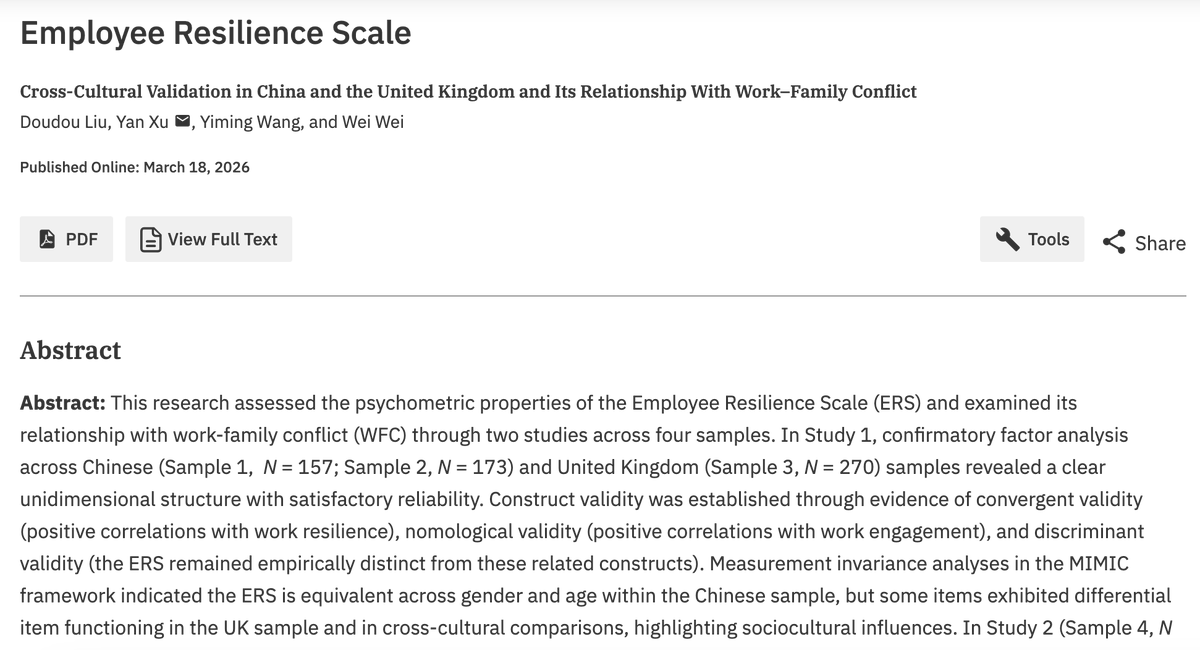 EJPAjournal's tweet photo. Check out this study validating the Employee Resilience Scale (ERS) across Chinese and UK samples at https://t.co/dcZ8BoNggy https://t.co/PDUjEgzdjt