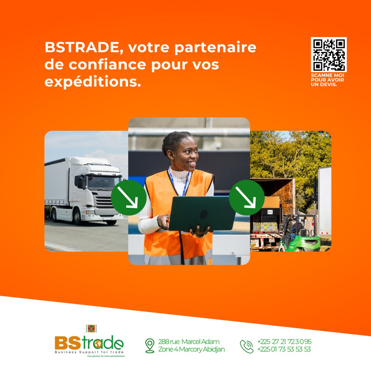 bstradeorg's tweet photo. 🚚 Vos expéditions méritent plus qu’un transport.
Elles méritent un partenaire fiable.
Avec BSTRADE, gagnez en rapidité, en contrôle et en tranquillité.

📲 Scannez. Demandez. Expédiez.

#BSTrade #ImportExportFacile 
#LogistiqueInternationale #commercinternational #importexport https://t.co/M0HEJ8WeBc