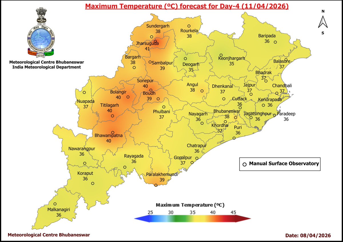 mcbbsr's tweet image. Maximum Temperature Forecast for next 5 days
#Odisha #hot #temperature