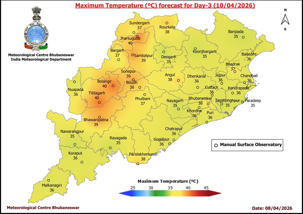 mcbbsr's tweet image. Maximum Temperature Forecast for next 5 days
#Odisha #hot #temperature