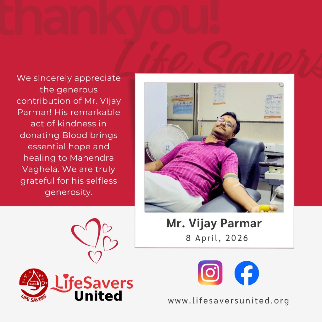 lifesaversunit's tweet photo. Thanks Vijay Parmar for donating blood to support Mahendra Vaghela! Your generosity brings real hope & healing. Deeply grateful!
@GCRI_1972
#LifeSaversUnited #BloodDonation #ThankYou #Ahmedabad #GCRI #SDP
https://t.co/nUkjqulZKw https://t.co/Fn68V8pKb9