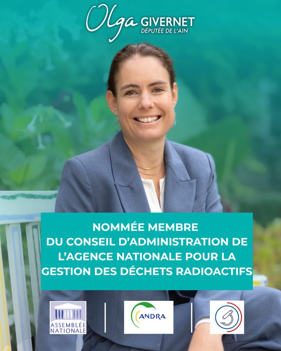 Honorée d’avoir été désignée par <a href="/OPECST_/">OPECST</a> pour rejoindre le conseil d’administration de <a href="/Andra_France/">Andra</a>, en charge de la gestion des déchets radioactifs. Merci au président, <a href="/StephPiednoir/">Stéphane Piednoir</a>, au premier vice-président, <a href="/HenrietPierre/">Pierre Henriet</a>, et à l’ensemble des membres pour leur confiance.
