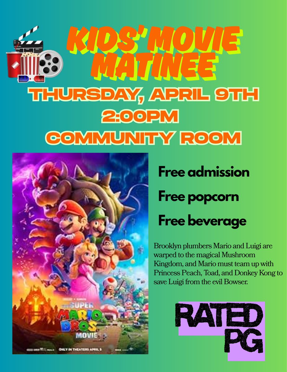 TOMORROW: Treat the family to a movie theater experience without losing all of your coins!

We've got the big screen and speakers, popcorn, candy, and drinks, all free of charge. 

We'll be showing The Super Mario Bros. Movie, rated PG. We hope to see you there!