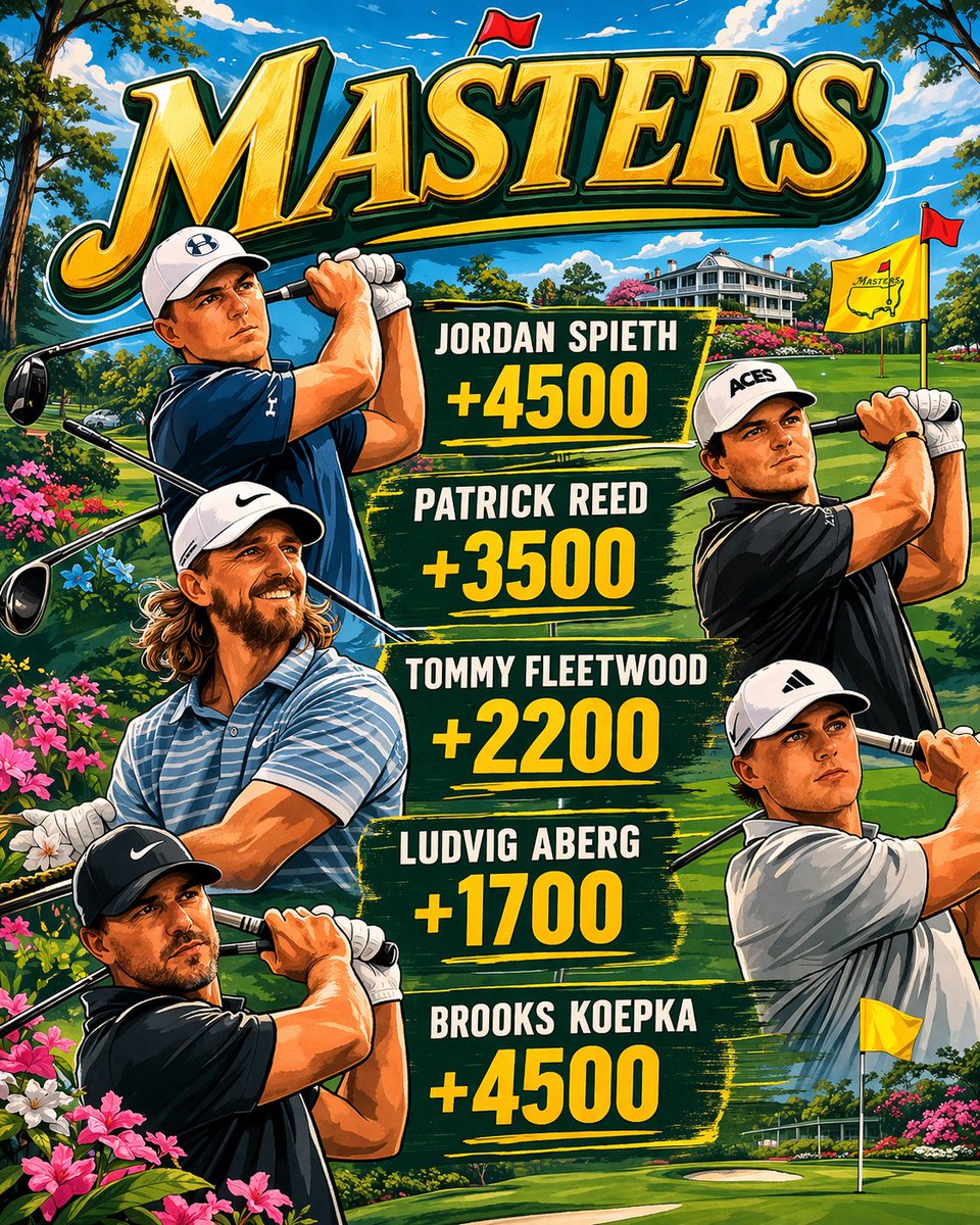 ClubhouseDegen's tweet photo. Masters 
Jordan Spieth +4500
Patrick Reed +3500
Tommy Fleetwood +2200
Ludvig Aberg +1700
Brooks Koepka +4500

Too many for my taste but would be kicking myself if I left Brooks or Tommy off the card and they were in the hunt on Sunday. Let’s have a week. #letsgogetem https://t.co/MyEsNTGyRK