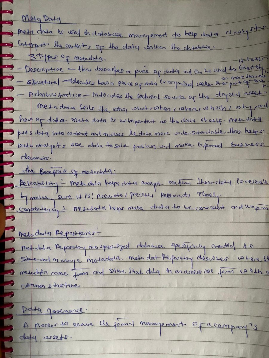 officialladi_T's tweet image. Day 13 of documenting my data analytics learning journey
(Google Data Analytics Professional Certificate)

I learned about:
-Metadata and types of metadata
-Databases
-Primary key and foreign key
-Data governance

My takeaway today is that metadata is as important as the data