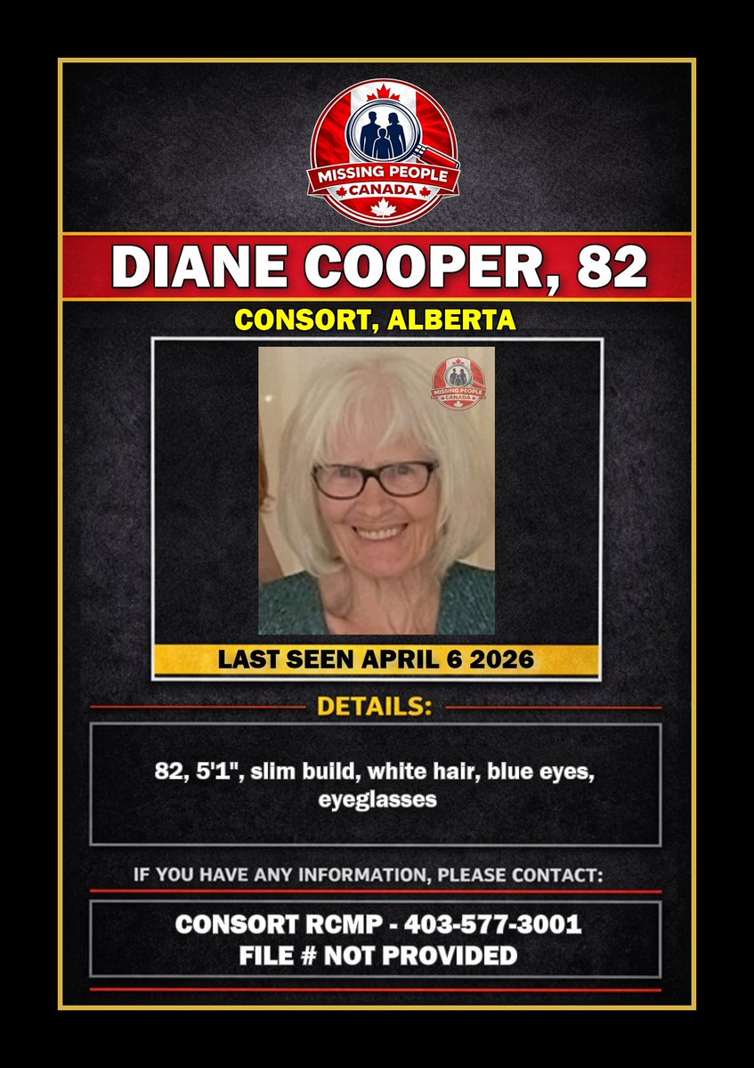 Missing_CA's tweet image. 🔗 Full story: missingpeople.ca/missing-woman-… 

🧭 MISSING WOMAN IN CONSORT, ALBERTA - DIANE COOPER, 82 - LAST SEEN APRIL 6, 2026 

📍 #AB #Alberta #Consort