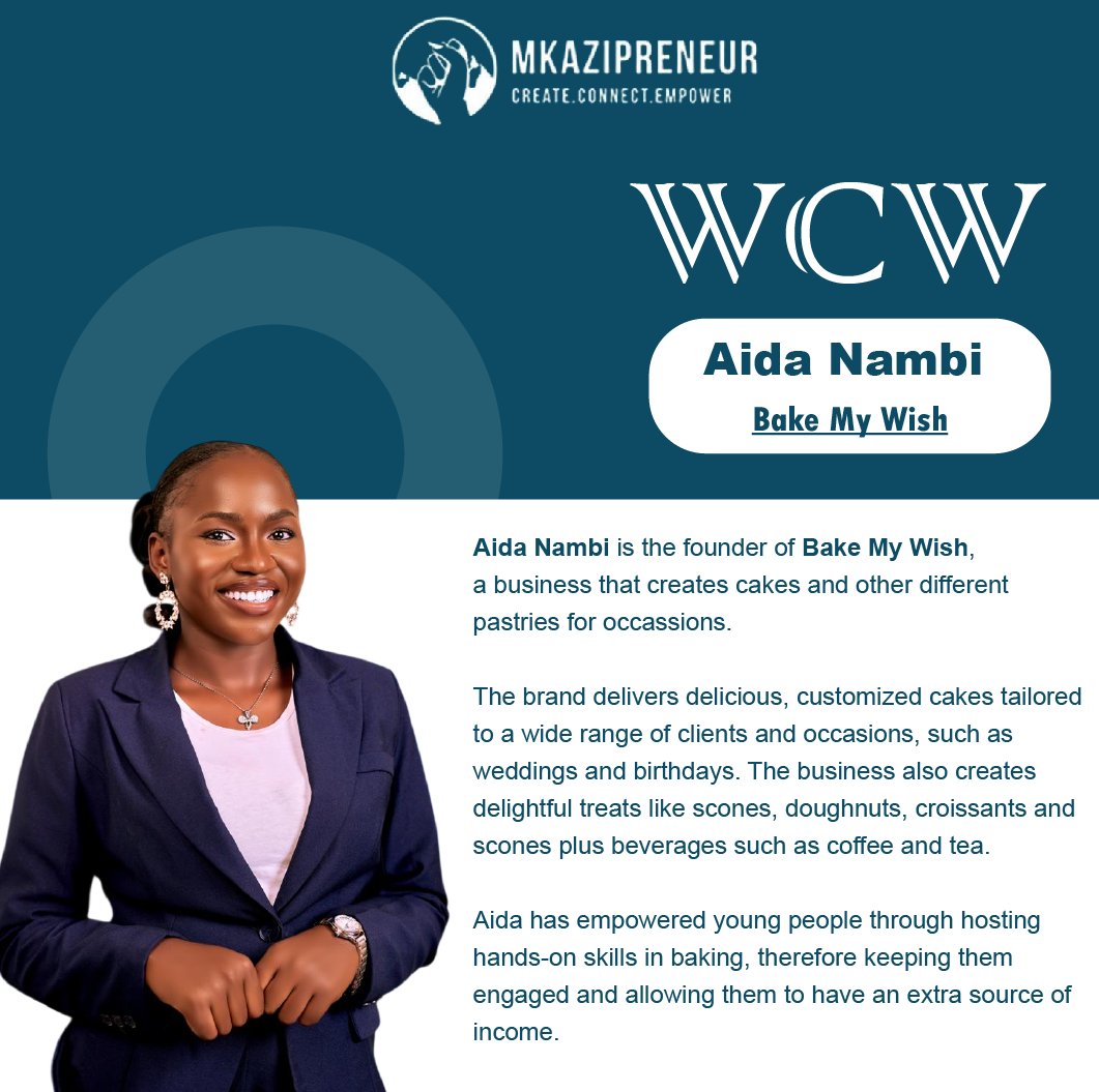 mkazipreneur's tweet image. Meet our #WCW, Nambi Aida, the creative force behind Bake My Wish which creates delicious pastries while empowering young people with hands-on baking skills. ✨

Check out the flyer below and be part of championing her inspiring mission.

#Empowerment #WomenInBusiness