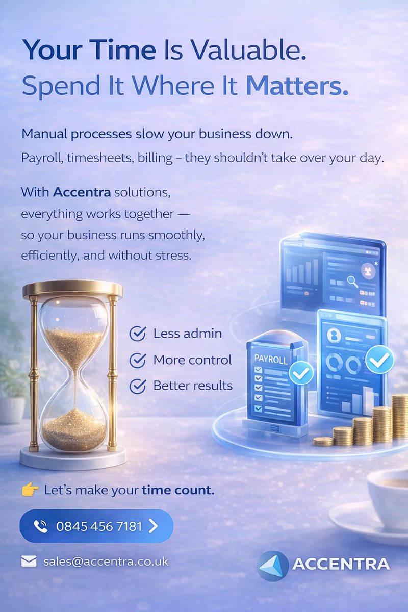 accentratech's tweet image. Manual processes slow your business down

With Accentra solutions, you can automate the routine and focus on what really drives your business forward.
✔ Less admin
✔ More control
✔ Better results

#Accentra #BusinessEfficiency 
#PayrollSolutions #Automation #UKBusines