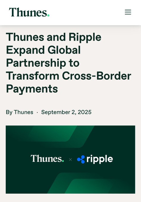 BullrunnersHQ's tweet image. 🚨RIPPLE PARTNER THUNES STEPS ONTO THE GLOBAL STAGE 🔥

RECOGNIZED ALONGSIDE SWIFT &amp;amp; VISA AS A CROSS-BORDER PAYMENTS LEADER

11,500+ BANK CONNECTIONS. GLOBAL REACH. REAL INFRASTRUCTURE.

RIPPLE = SETTLEMENT LAYER ⚡
THUNES = GLOBAL DELIVERY NETWORK 🌍

TOGETHER → FAST, LOW-COST,