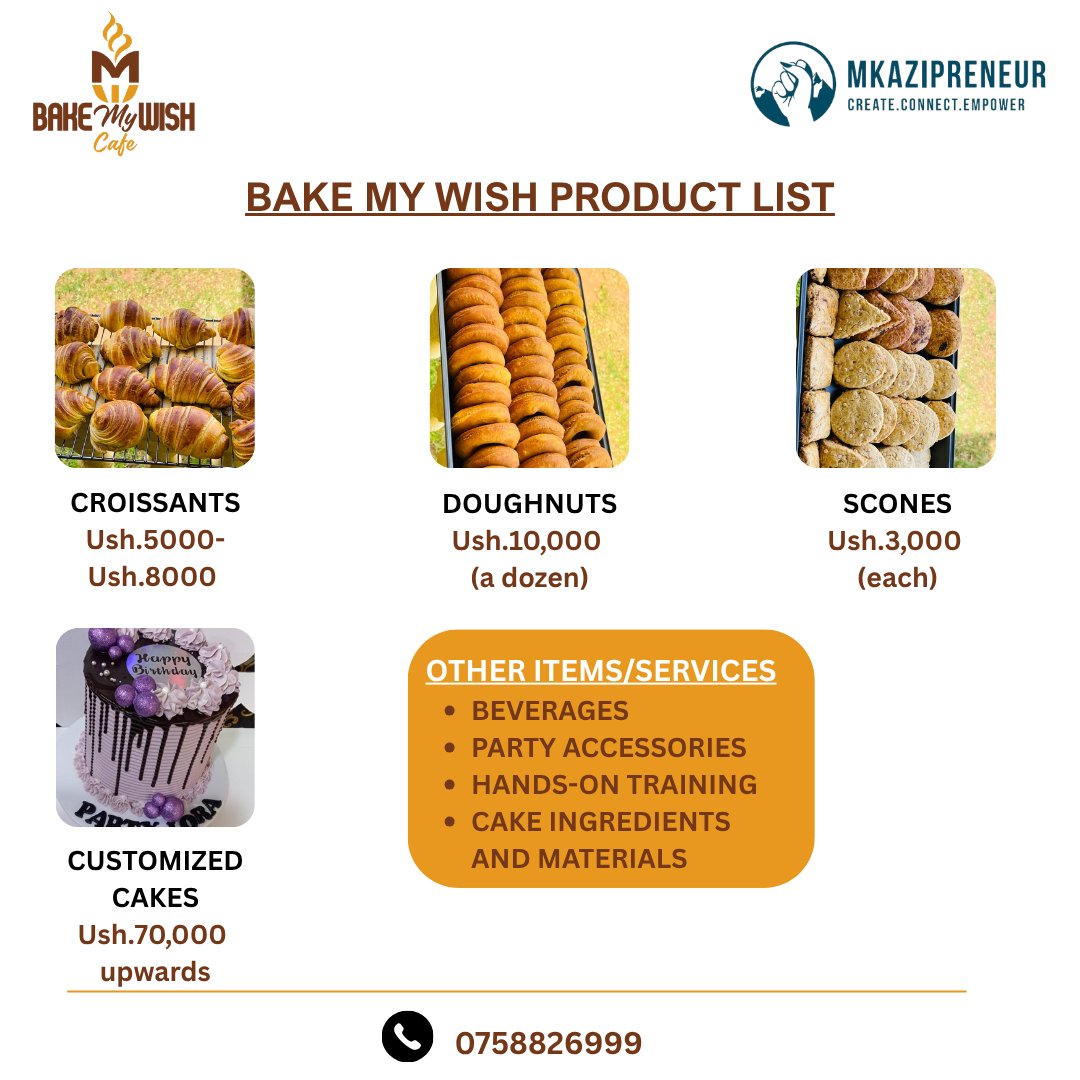 mkazipreneur's tweet image. Meet our #WCW, Nambi Aida, the creative force behind Bake My Wish which creates delicious pastries while empowering young people with hands-on baking skills. ✨

Check out the flyer below and be part of championing her inspiring mission.

#Empowerment #WomenInBusiness