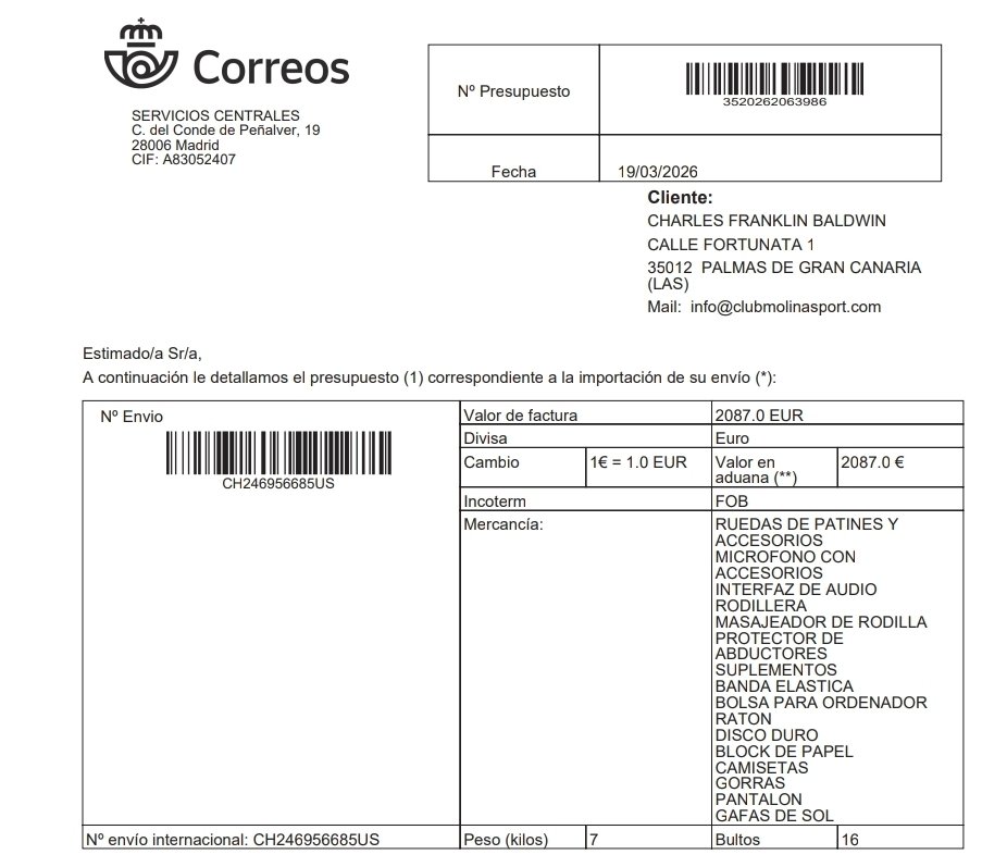 ChuckySlick's tweet photo. @CorreosAtiende Mi nombre es Charles Baldwin. Mi paquete (CH246956685US), enviado al Club Molina Sport, lleva casi tres meses en Las Palmas, pero aún no lo he recibido. Hace dos semanas, finalmente pagué la tasa aduanera y mi paquete sigue sin llegar. https://t.co/ZZHZElRx1k
