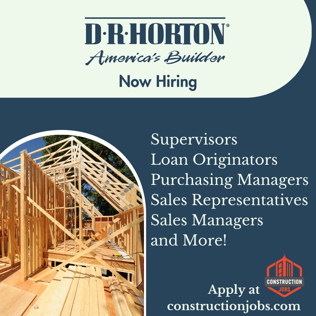 CJobs's tweet photo. Find your next job at D.R. Horton! 
Currently hiring Supervisors, Loan Originators, Purchasing Managers, Sales Representatives, Sales Managers, and more.

Get started and apply today at https://t.co/KXyu2YmE6K

#constructionjobs #careers #construction #drhorton https://t.co/6uG0jQNxPP