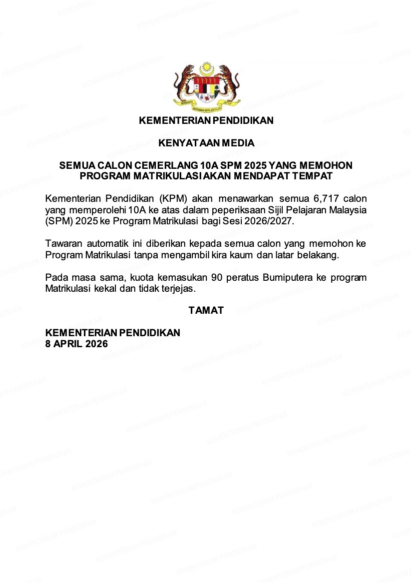 bernamadotcom's tweet photo. Semua Calon Cemerlang 10A SPM 2025 Ditawar Program Matrikulasi - KPM
https://t.co/3AdlQ6U0jF
#BernamaNews
@KemPendidikan
#10ASPM
#Matrikulasi https://t.co/SEc9AogBGf