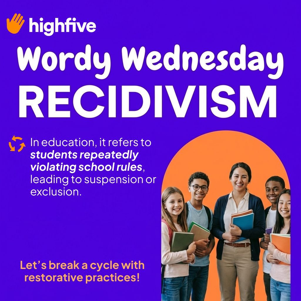 HighFiveK12's tweet photo. NEW: Wordy Wednesday - weekly breakdowns of words that shape school discipline.
First up: RECIDIVISM.
In prisons: returning to the system after punishment.
In schools: the same kid in the office every week.
If your discipline produces "repeat offenders," it's working as designed. https://t.co/U7EYHemQYL