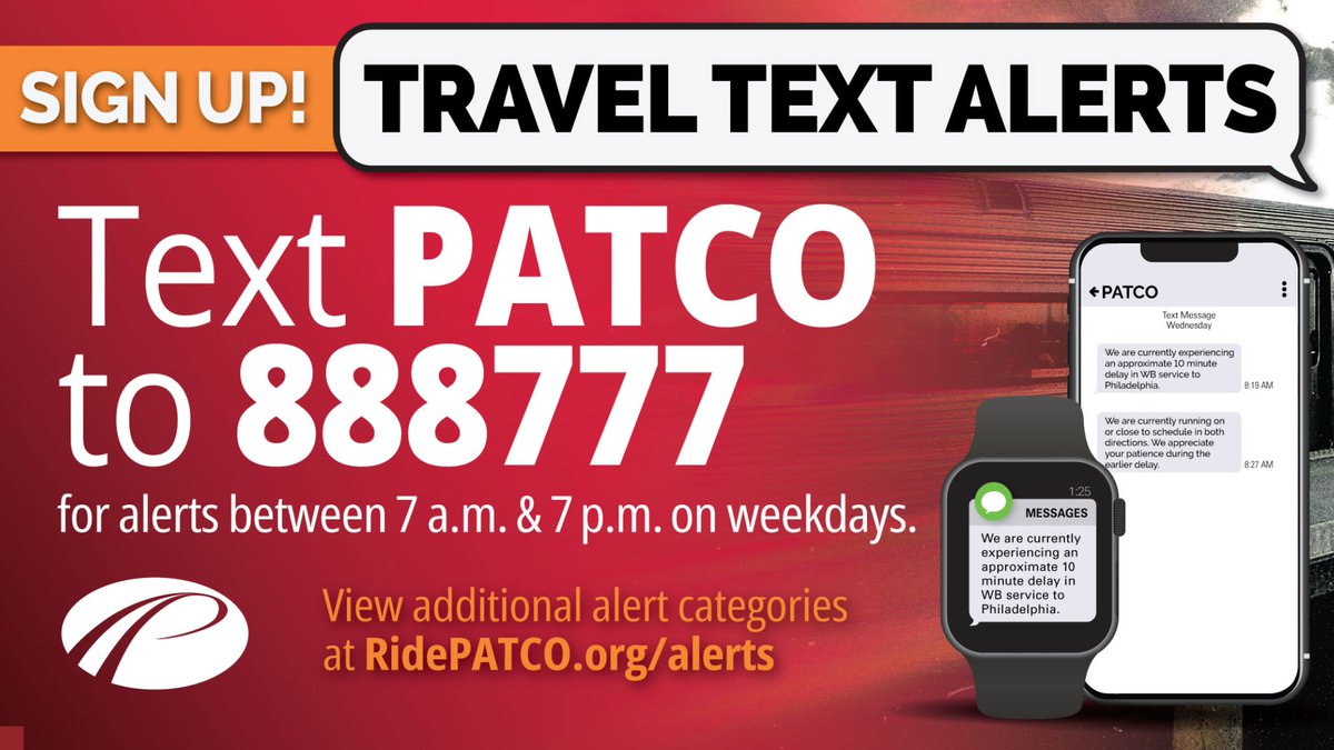 RidePATCO's tweet image. Get PATCO updates in real time 📲

Sign up for text alerts to receive service updates, delays, and important info right to your phone!

More: RidePATCO.org/alerts