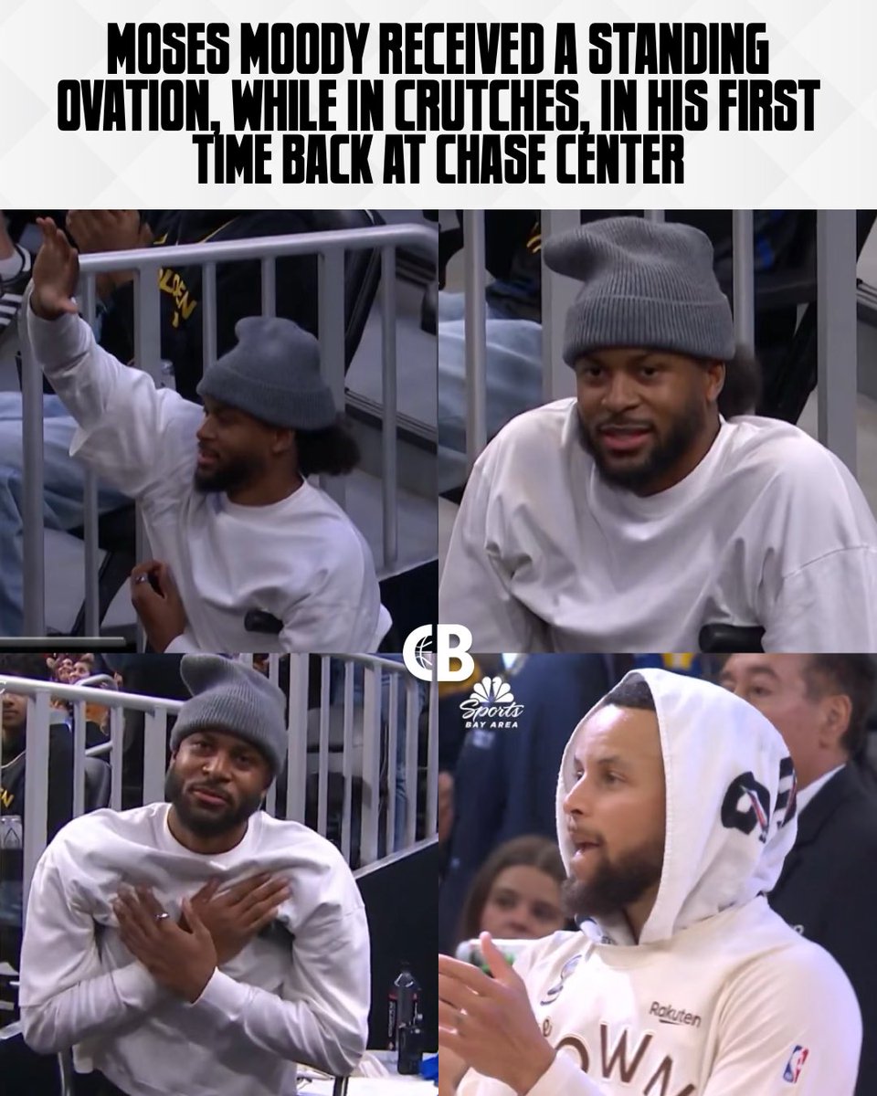 CourtsideBuzzX's tweet image. Moses Moody received a standing ovation, while in crutches, in his first time back at Chase Center after his injury. 

Moody suffered a season-ending torn left patellar tendon in a March 23, 2026, game against the Dallas Mavericks. 

Get well soon, Moses! ❤️🙏
