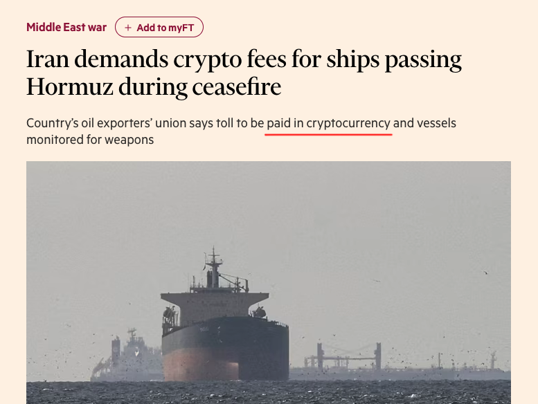 Crypto_Pranjal's tweet photo. Iran wants crypto tolls for Hormuz ships! 🔥

Iran plans to charge ships passing through the Strait of Hormuz. Fees to be paid in CRYPTO during the ceasefire period.

🔗 https://t.co/WDFrZr5xr2

One of the most critical trade routes globally and crypto is being considered for payments.

And yeah, makes sense.

- Bitcoin can’t be controlled by anyone
- No central authority
- No one can freeze it

When things get serious, neutral money starts making more sense.

Btw, probably short term but Bitcoin price is going down right after this news. 😂