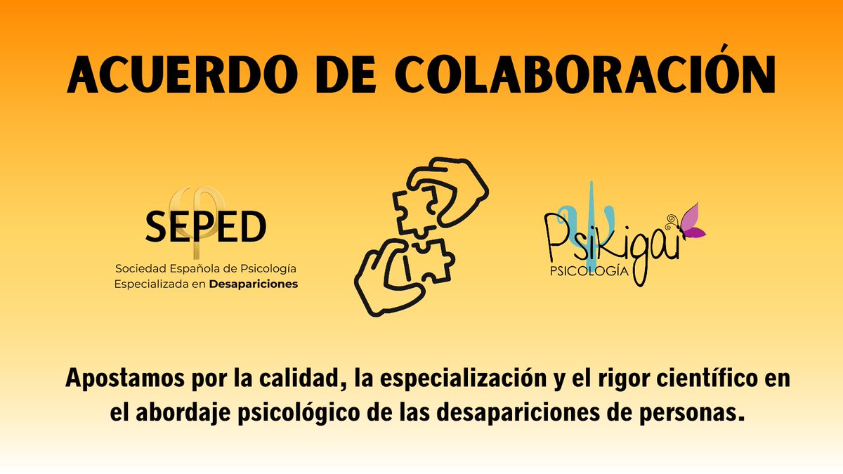 Seped_DES's tweet photo. 🟠 Desde @Seped_DES queremos anunciar la firma de un acuerdo de colaboración con el Centro de Psicología @psikigai

Juntos apostamos por la calidad, la especialización y el rigor científico en el abordaje psicológico de las #desapariciones de personas. 
#AtenciónPsicológica https://t.co/HfWZU5uhFA
