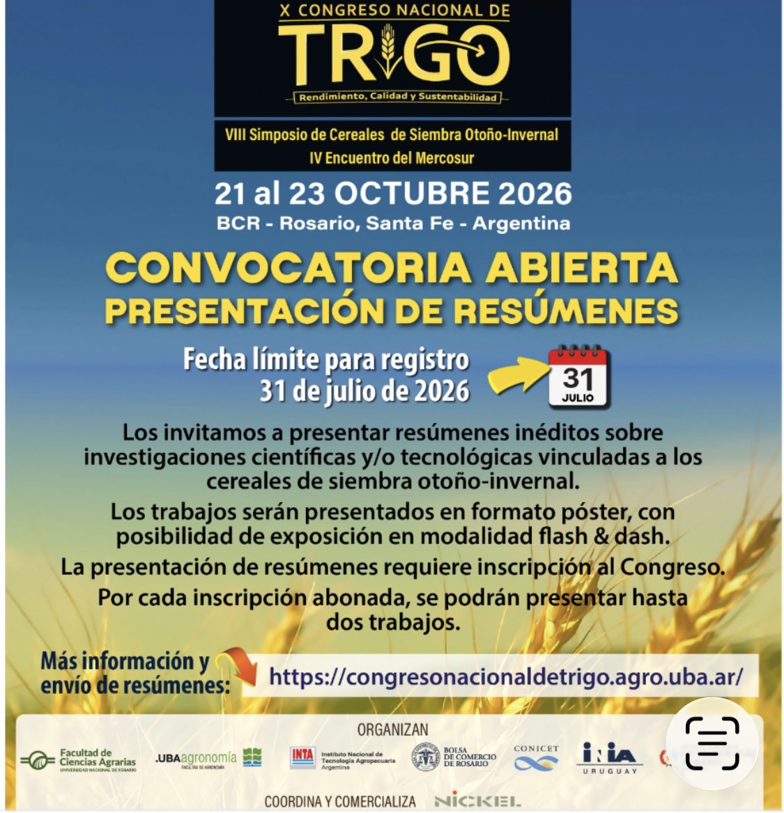 Gustavomaddonni's tweet photo. Si queres tener una participación más activa en el X Congreso Nacional de Trigo envía un resumen de tus líneas de trabajo https://t.co/NtKsnXNpnc