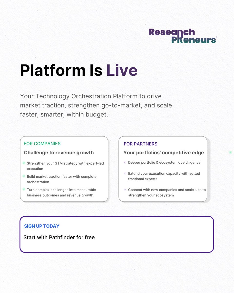 RESEARCHPRENEU's tweet photo. Platform is live

Companies stall without structured execution. Partners lose portfolio companies to problems their programs cannot solve.

This platform closes that gap.

👉 For Companies: https://t.co/u2Npt0JL0Y

👉 For Partners: https://t.co/uembG4wkB2 https://t.co/rVljD5xLHp