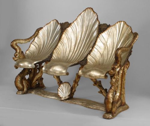 BiancoDavinci's tweet image. Italian Venetian Grotto (19th cent.) silver gilt settee with triple seashell seat and dolphin &amp;amp; seahorse motif.