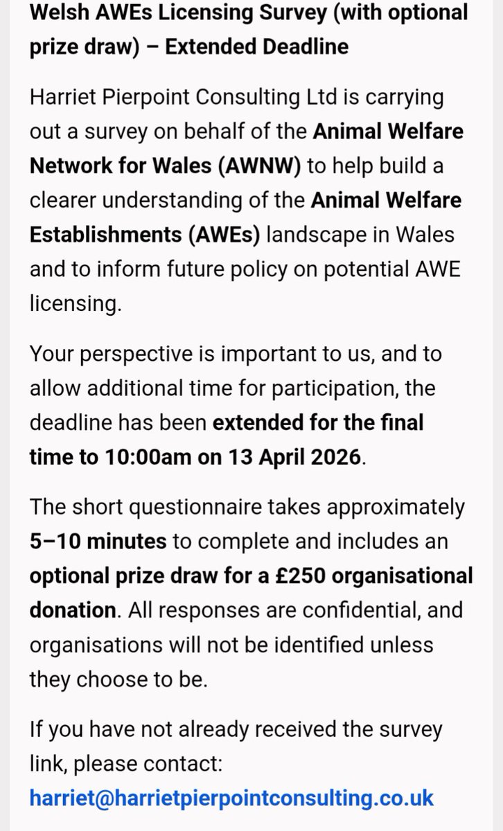 HelpAnimals25's tweet photo. Calling all #Welsh animal welfare organisations 

Opportunity to win £250 for your org. 
Email for the survey link.  harriet@harrietpierpointconsulting.co.uk https://t.co/FUfIBCDeP4