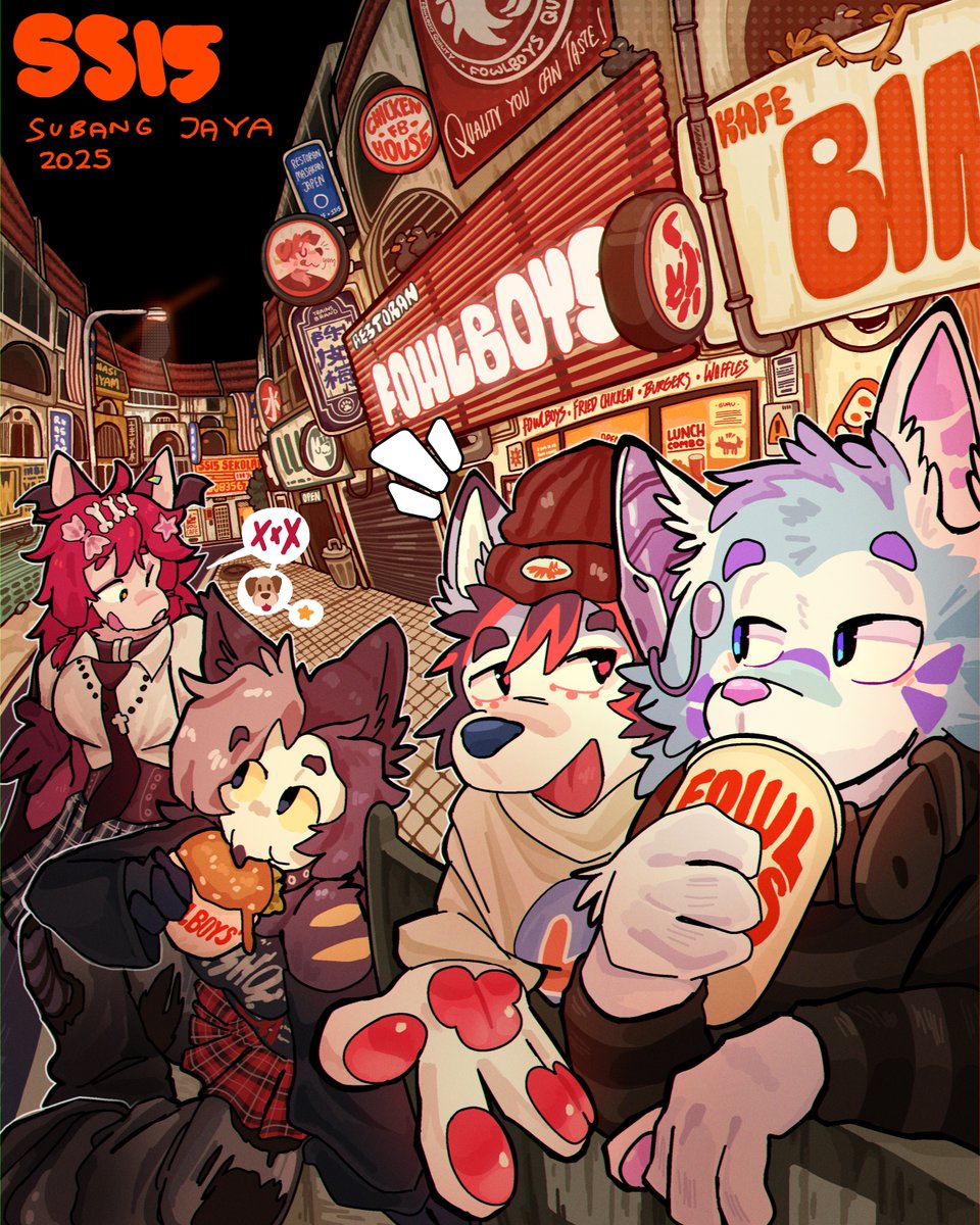 Alleyway group chow 🌆🌆

Feat: <a href="/SolaristheOwl/">🪶Solaris 🔚 MFC</a> <a href="/Arkyowon/">Arkyon 🏳️‍⚧️</a> <a href="/Cocali2/">auri 🍃</a> 
🎨: <a href="/MintCashew/">Cashew</a>