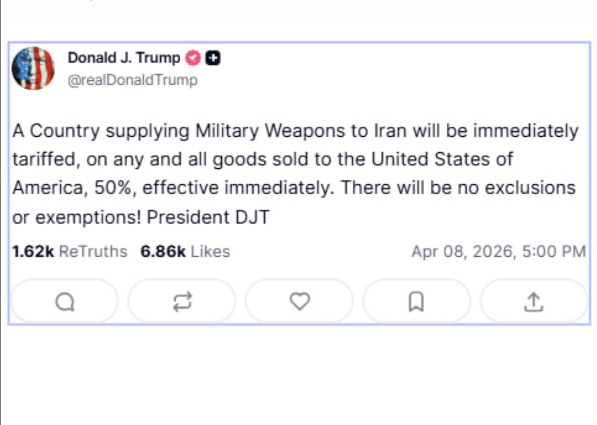 crypto_detente's tweet image. 🚨 Donald Trump :

💣 50% de taxes pour tout pays fournissant des armes à l’Iran

👉 pression maximale sur les alliés de Téhéran
👉 risque de guerre commerciale

Un move ultra agressif.

🔗 t.me/crypto_detente

#Macro #Geopolitics #TradeWar #Markets