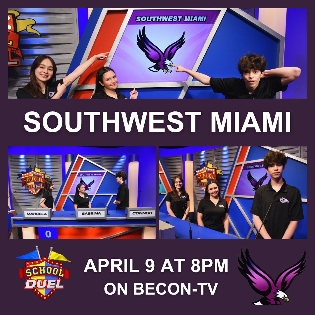 SchoolDuel's tweet photo. Tomorrow’s the night!

Southwest Miami High faces Coral Reef in Game 7 of #SchoolDuel Season 16.

📺 Thursday, April 9 | 8 p.m.
📍 BECON-TV
Ch. 488 &amp; 19 (Comcast) | Ch. 63 (AT&amp;T, Dish, DirecTV)
▶️ Subscribe on YouTube https://t.co/RuoCGt0vwt