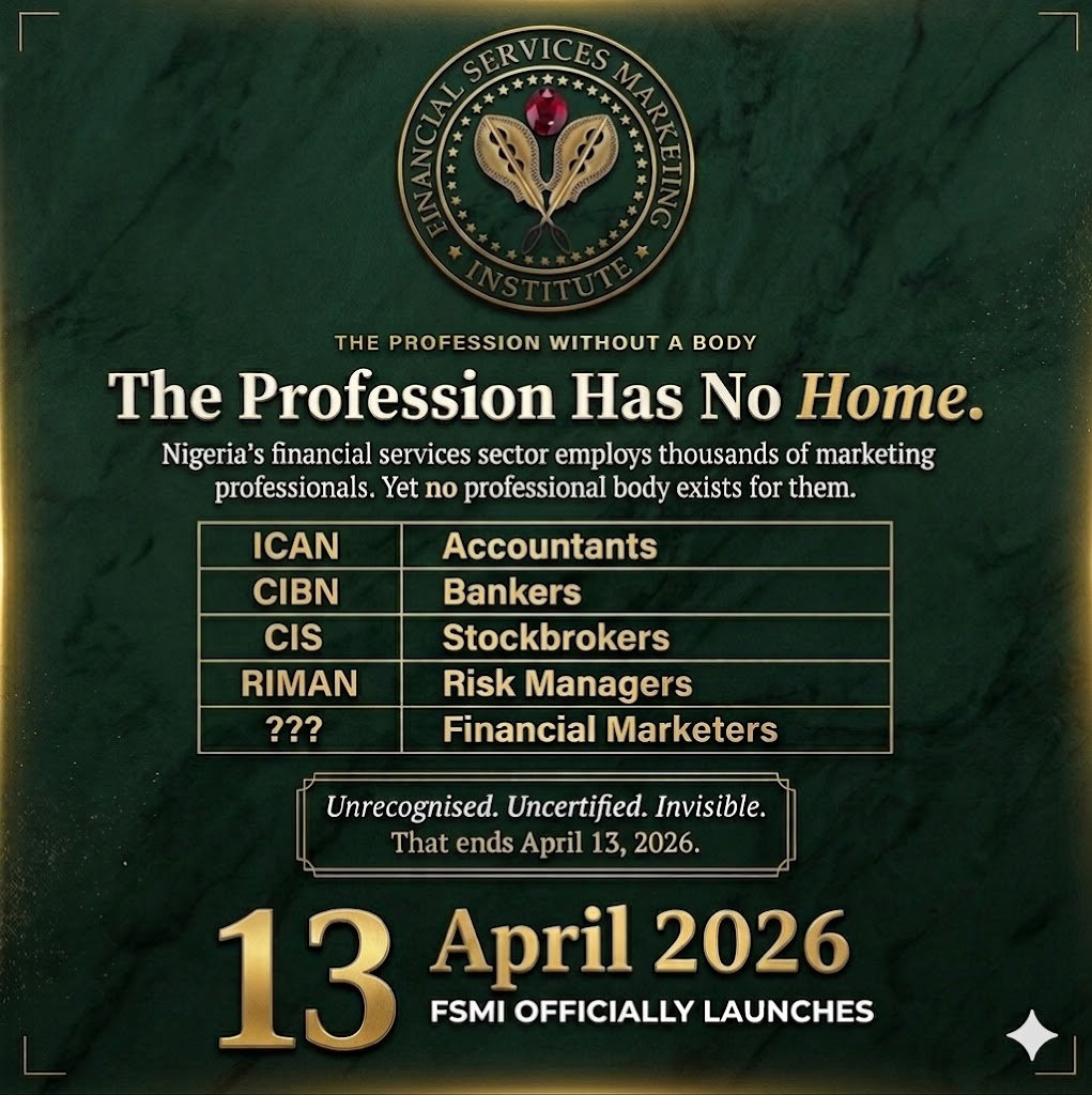 Lawyers: NBA ✅
Accountants: ICAN ✅
Engineers: COREN ✅
Financial services marketers: ???

120M customers. Trillions in products. No professional standard.

FSMI of Nigeria fixes that. April 13.

#FSMI #Nigeria
#FinancialServices #Certification
