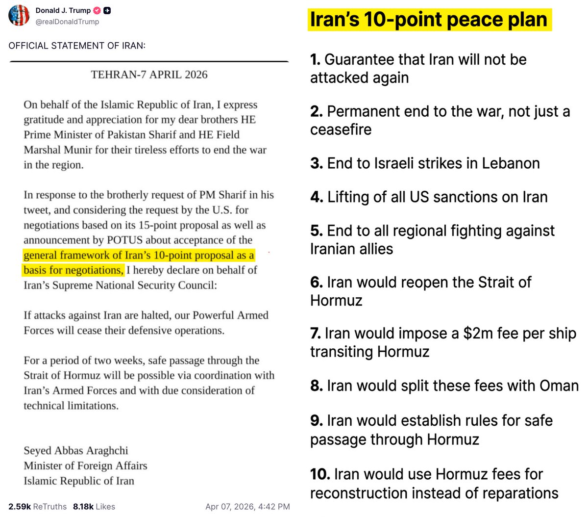 ZPoet's tweet image. So Trump is claiming a "win." He agreed to Iran's 10 point peace plan, so Iran certainly won. The Straight was open before this war started. Gas prices are higher, soldiers are dead, children are dead, and we won NOTHING.