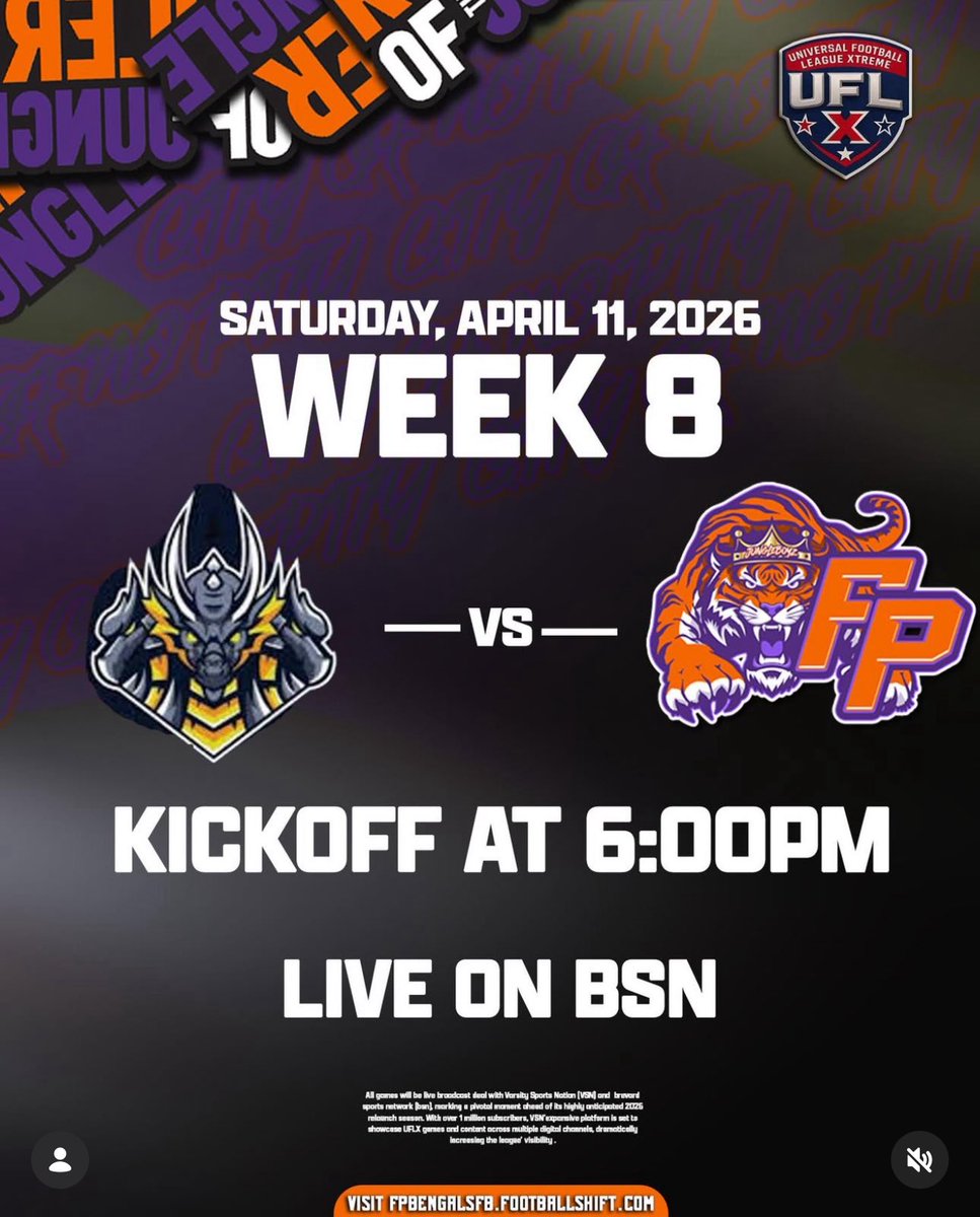 fpbengals772's tweet photo. BENGALS NATION! 🐅🎋WE GOT ACTION ‼️🎋

UFLX Week 8 Saturday Broadcast Network ➡️ HOW TO WATCH 

📺 Live on @sportsbrevard 

Watch our Bengals LIVE on Brevard Sports Network https://t.co/tdq5wHCKHE