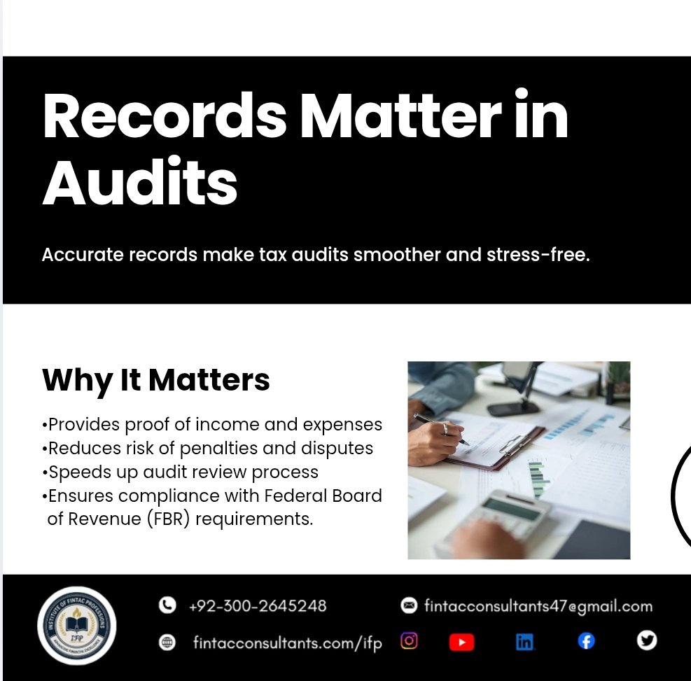 ifp47's tweet image. Maintain accurate records to make tax audits smooth and stress-free.
Ensure compliance, reduce risks, and speed up the audit process.
📞 WhatsApp: 03002645248
🌐 fintacconsultants.com/ifp
#Audit #RecordKeeping #FBR #IFP #Finance