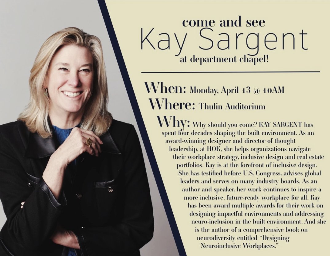 JudsonU's tweet photo. Kay Sargent is an award-winning designer and Director of Thought Leadership at HOK. A leader in inclusive design, she advises global organizations, has testified before Congress, and is the author of Designing Neuroinclusive Workplaces.
https://t.co/det0l8Sz7i https://t.co/Z9VsRtD00J