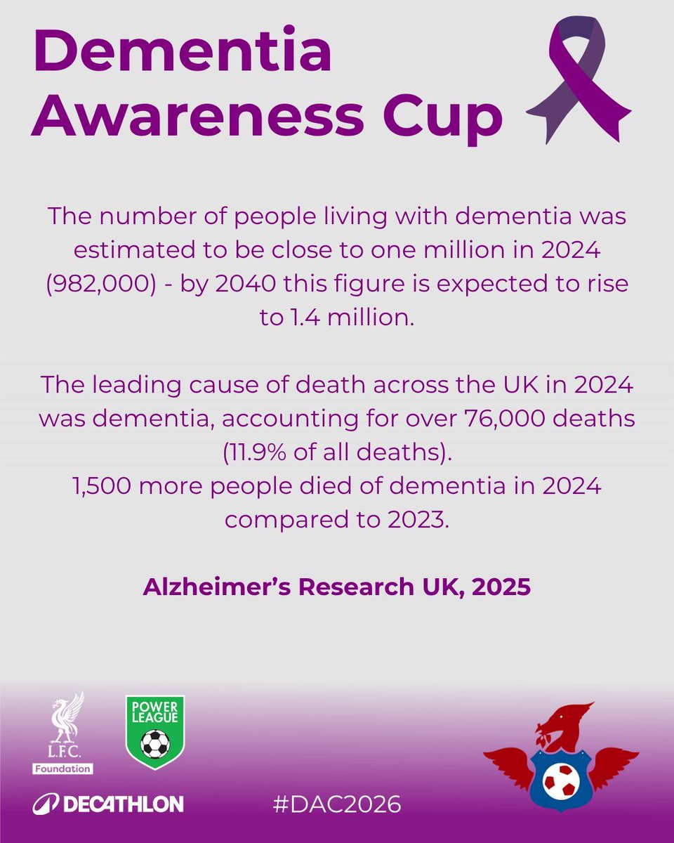 LivHomelessFC's tweet image. With nearly 1 million people in the UK living with dementia, the Dementia Awareness Cup is more than just a game- it’s a stand against the UK's leading cause of death. 

Join us this Sunday as women’s teams unite for the cause!

#MoreThanJustFootball #DementiaAwareness #DAC2026