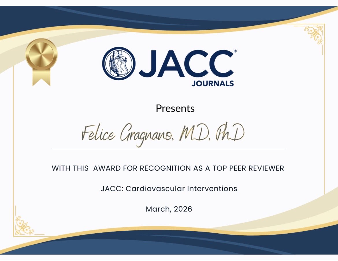FeliceGragnano's tweet image. Honored and proud to be recognized as one of the Top Reviewers for @JACCJournals 🏅❤️

Contributing to the peer-review process is a privilege, and I am proud to support the advancement of cardiovascular science. 

Many thanks to the JACC: CVI family 🙏

#cardiology #cardio