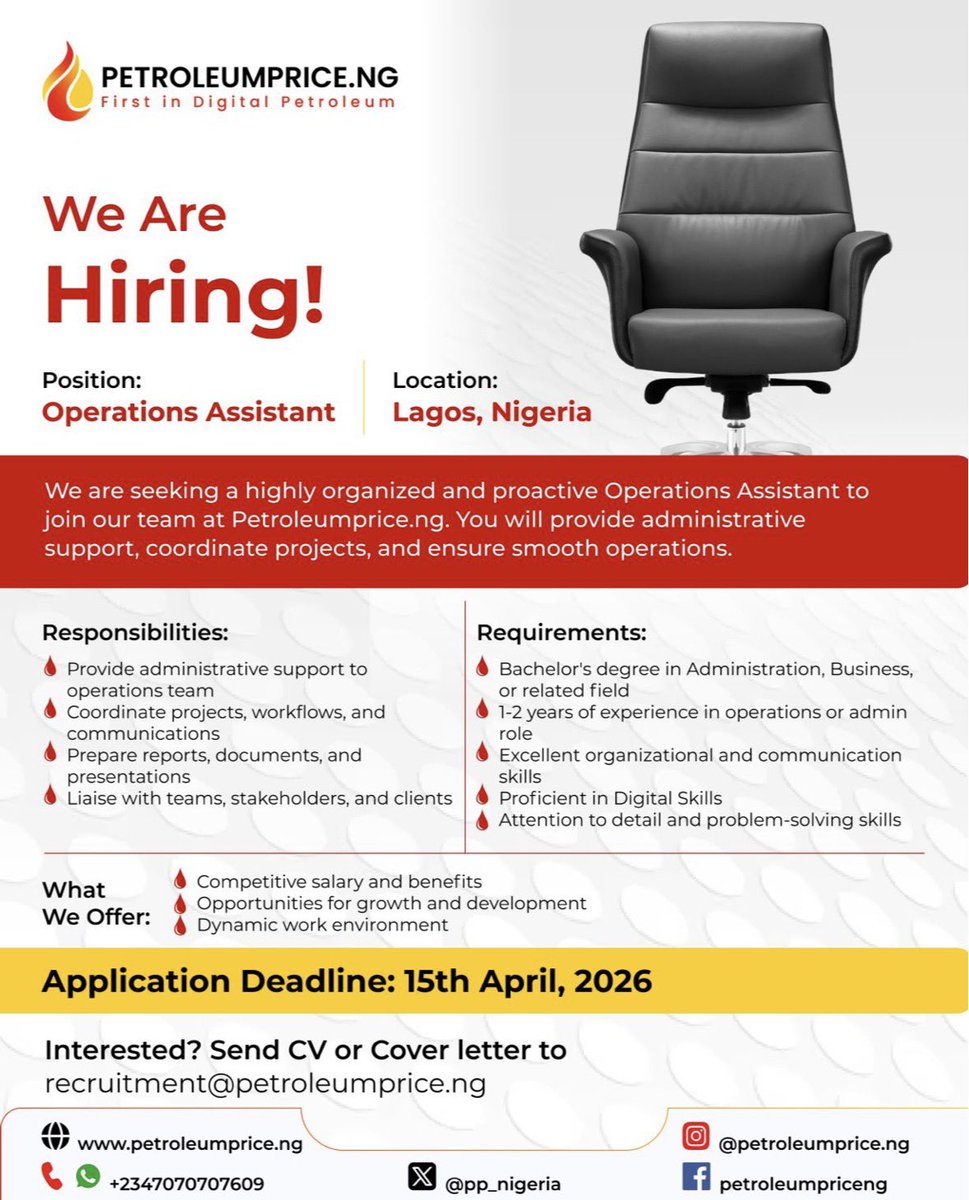 🚨 We are Hiring!

Petroleumprice.ng is looking for a highly organized and proactive Operations Assistant to join our team in Lagos.

If you have strong administrative, coordination, and communication skills, this is an opportunity to be part of a fast-growing platform
