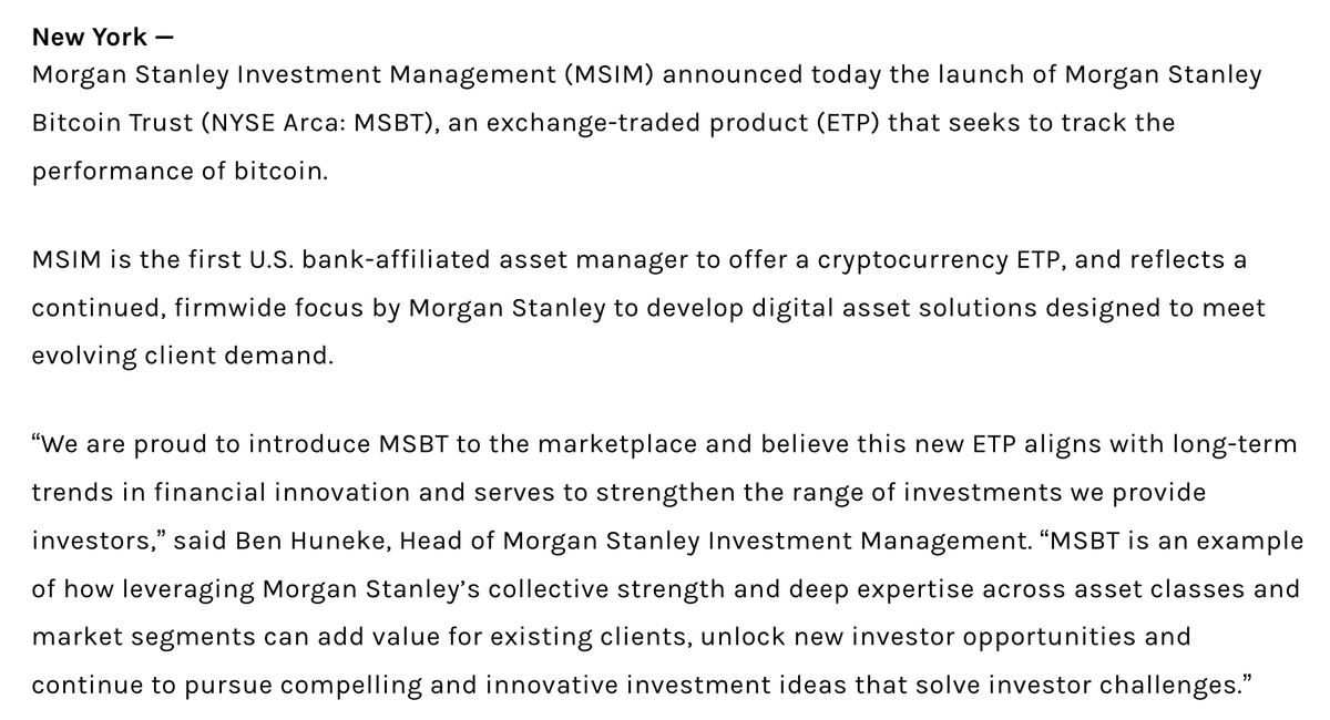 FurkanCCTV's tweet photo. Bisher haben Vermögensverwalter wie BlackRock Bitcoin ETFs gebaut. Sie haben das Produkt ins Regal gestellt. Bankberater haben es aber nicht empfohlen.

Ab heute ändert sich das. Morgan Stanley hat einen eigenen Bitcoin ETF aufgelegt. 16.000 Vermögensberater. 6,2 Billionen Dollar an Kundengeldern. Die empfehlen jetzt nicht mehr BlackRock. Die empfehlen ihr eigenes Produkt.

Und sie sind nicht die Einzigen.

Der Unterschied klingt klein. Ist er nicht.

BlackRock baut einen ETF und stellt ihn auf Plattformen wie Fidelity, Schwab oder Robinhood. Wer ihn kauft, muss selbst danach suchen. BlackRock hat keinen Berater, der dich anruft. Keinen, der sagt: „Ich würde 2% Ihres Portfolios umschichten."

Morgan Stanley schon. Die Bank sitzt ihren Kunden direkt gegenüber. 16.000 Berater, die Portfolios aktiv steuern. Ab heute ist Bitcoin kein Produkt mehr, das im Regal steht und darauf wartet, gefunden zu werden. Ab heute wird es aktiv empfohlen.

Der ETF heißt MSBT, wird an der NYSE Arca gehandelt und kostet 0,14% Jahresgebühr. Zum Vergleich: BlackRocks IBIT, der größte Bitcoin ETF der Welt mit über 70 Milliarden Dollar Volumen, kostet 0,25%. Morgan Stanley unterbietet den Marktführer beim Preis und bringt gleichzeitig den stärksten Vertriebskanal der Branche mit.

Nate Geraci, Präsident des ETF Store, fasst es so zusammen: Distribution ist alles im ETF-Geschäft. Und Morgan Stanley hat genau das mit seiner Armee aus Wealth Managern.

Bloomberg-Analyst Eric Balchunas nennt es noch deutlicher: Morgan Stanley sei der ultimative Gatekeeper für das Geld wohlhabender Anleger.

Und jetzt wird es systemisch.

Strategy-CEO Phong Le hat vorgerechnet, was passiert, wenn Morgan Stanley nur 2% seiner Kundengelder in Bitcoin allokiert. Das Ergebnis: 160 Milliarden Dollar. Das wäre mehr als doppelt so viel, wie BlackRocks gesamter Bitcoin ETF heute verwaltet.

Das ist keine Fantasiezahl. Morgan Stanley empfiehlt seinen Kunden offiziell eine Bitcoin-Allokation von 0% bis 4%.

Aber Morgan Stanley ist nur der Anfang.

Bank of America hat seit Januar 2026 über 15.000 Berater bei Merrill Lynch und der Private Bank autorisiert, Kunden aktiv Bitcoin-ETF-Allokationen von 1% bis 4% zu empfehlen. Wells Fargo bietet seit Ende 2025 Kredite mit Bitcoin als Sicherheit an. JPMorgan hat strukturierte Produkte auf Bitcoin-ETFs lanciert. Selbst Vanguard, das sich jahrelang komplett gegen Krypto gesperrt hat, bietet seinen 8 Millionen Kunden inzwischen Zugang.

JPMorgan-Analysten prognostizieren, dass allein Pensionsfonds und Stiftungen 2026 bis zu 130 Milliarden Dollar in regulierte Krypto-Produkte stecken könnten.

Und Morgan Stanley baut weit mehr als nur einen ETF.

Im Februar haben sie einen Antrag für eine eigene National Trust Bank Charter für Bitcoin-Verwahrung gestellt. Und im ersten Halbjahr 2026 soll Krypto-Spot-Trading über die Handelsplattform E*Trade starten. Bitcoin, Ethereum, Solana. Direkt über die hauseigene Plattform.

Das ist kein einzelnes Produkt. Das ist eine vertikal integrierte Krypto-Infrastruktur innerhalb einer der größten Banken der Welt.

Bis 2024 durfte kein Bankberater in den USA seinem Kunden einen Bitcoin ETF empfehlen. Die großen Banken haben aktiv blockiert. Goldman Sachs, JPMorgan, Bank of America, Wells Fargo. Alle sagten nein.

Heute baut jede einzelne von ihnen eigene Krypto-Produkte oder hat Zehntausende Berater autorisiert, Bitcoin in Kundenportfolios einzubauen.

Die US-Finanzaufsicht OCC hat Ende 2025 die regulatorische Grundlage dafür geschaffen, indem sie Krypto-Transaktionen als risikofreie Eigenhandelsgeschäfte eingestuft hat. Das senkt die Kapitalanforderungen für Banken und macht Bitcoin-Desks genauso unkompliziert wie den Devisenhandel.

Bitcoin wird zum Standardbaustein in der Vermögensverwaltung. Nicht leise. Nicht testweise. Über den gleichen Kanal, über den  Berater seit Jahrzehnten Fonds und Anleihen verkaufen.

In diesen Recherchen steckt eine Menge Arbewit. Wenn dich solche Insights interessieren und dir helfen, interagiere gerne mit dem Post. 🧡