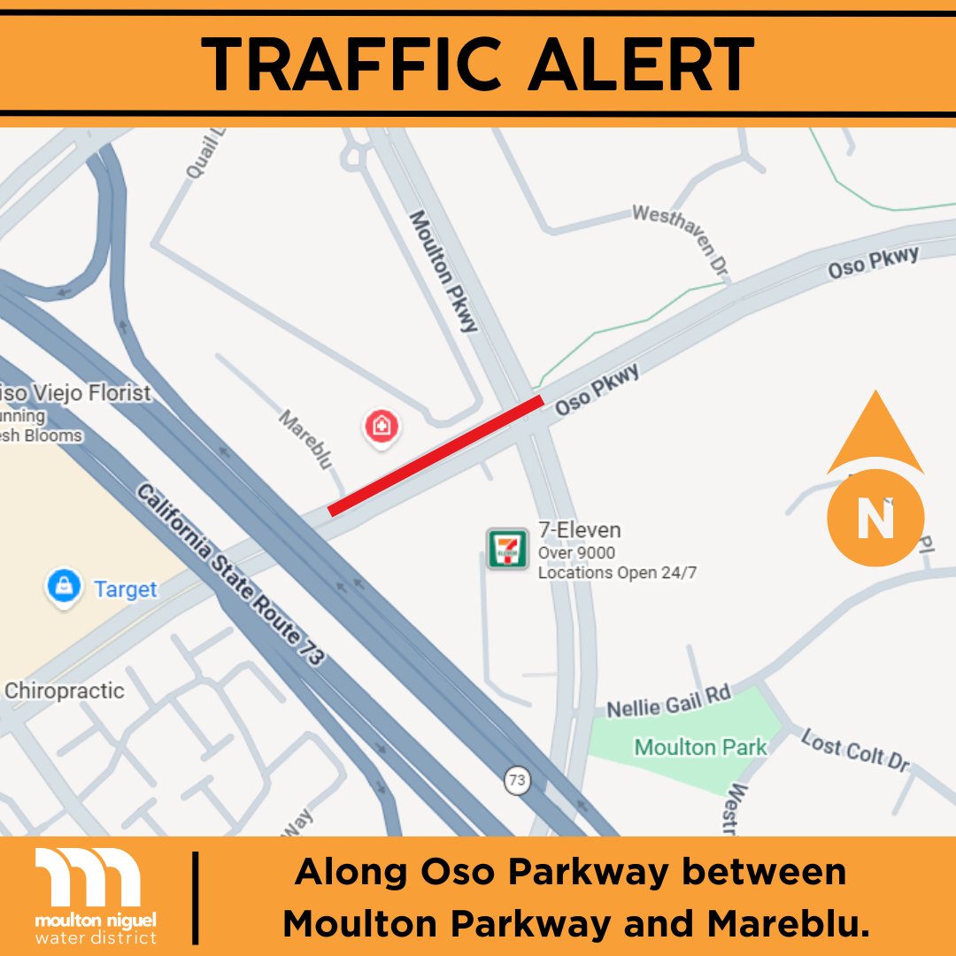 MNWDWater's tweet photo. 🚧 TRAFFIC ALERT – LAGUNA HILLS 🚧

Beginning Wednesday, April 8, 2026, through the end of the week, Moulton Niguel staff will be performing repairs along Oso Parkway between Moulton Parkway and Mareblu. During this time, traffic headed southbound on Oso Parkway will be impacted by lane closures.

Please allow extra time for travel and expect possible delays. Thank you for your patience and understanding as we work to maintain and improve our infrastructure.
