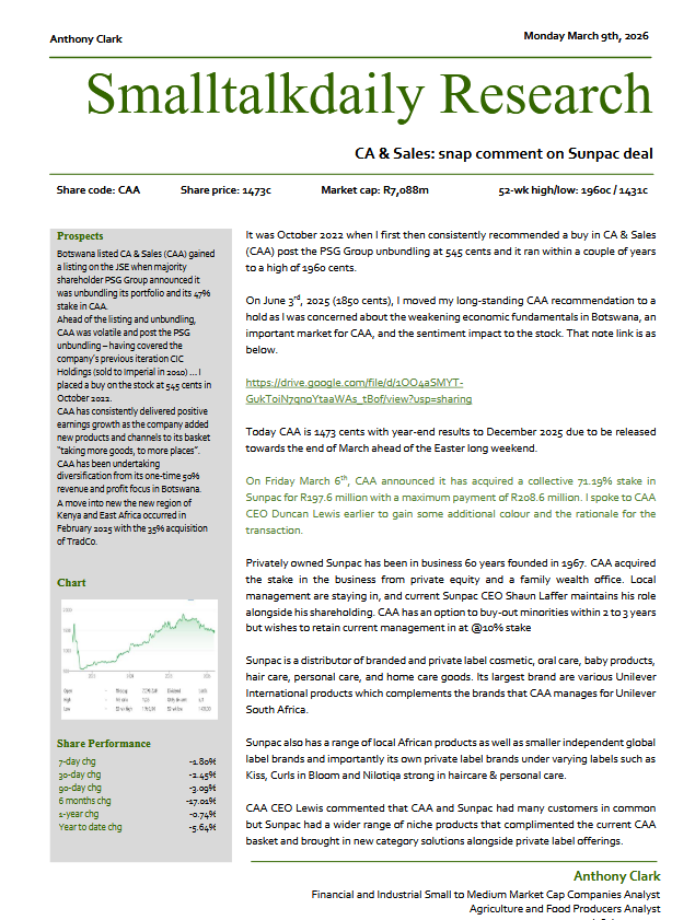 smalltalkdaily's tweet photo. Had a good catch up call with $JSE CAA CA & Sales on FY2025 results and Q1 2026 indicative performance

Revenue in 2025 may have seen a modest 3% growth but profits rose 10% and HEPS 17% to 144 cents per share (a bit softer than past trends but still a respectable clip)

The PE is 10x (was 17x) and has de-rated as investors had fears on slower growth in its largest market Botswana which in H2 showed resilience for #CAA and growth in profit year-on-year and continues to show growth in all territories with hefty investment made in 2025 to increase systems, technology, logistics and people to counter expected on-going market growth

I foresee further expansion in East Africa and with the March acquisition of a stake in Sunpac, a big new consumer goods channel comes into the fold

I have owned and recommended #CAA since 545 cents saw it run to 1960 cents and unwind to 1350 cents and its now trading  1390 cents AND its still a growth stock I want and am happy to own

With another solid growth year ahead and the PE unwinding to @8x ... to this long-time follower and analyst it looks far too cheap

It may stay good value until June H1 results are indicated as the markets await an update on the consumer 'shake' due to higher inflationary costs on their spending habits due to higher fuel and increasing food inflationary costs

But #CAA distributes (higher fuel costs are not for their account) and merchandise a wide range of consumer foods, personal care goods and liquor (still growing) that will always be in demand