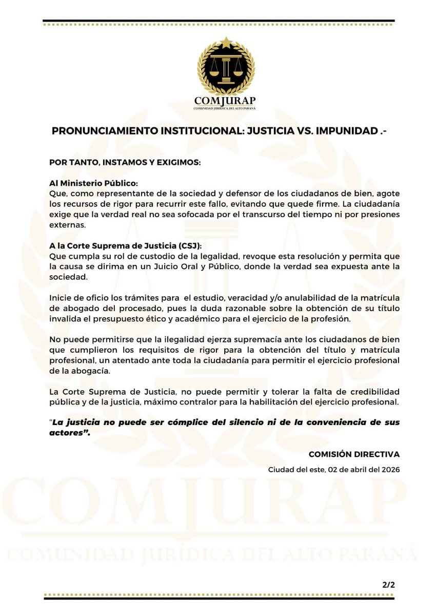 ⚖️Corte debe revocar fallo de sobreseimiento y cancelar matrícula de Rivas, dice Comunidad Jurídica del Alto Paraná (COMJURAP). 

🗣El mencionado gremio manifestó también su repudio hacia la resolución del Tribunal de Apelaciones que sobreseyó definitivamente a Hernán Rivas. "Es