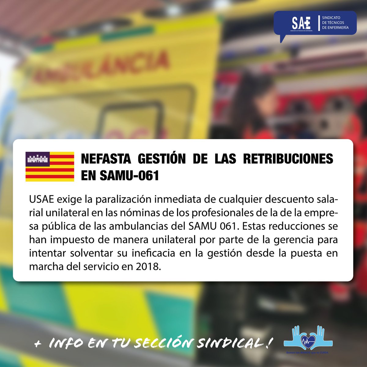 📰|Baleares, 08/04/26

NEFASTA GESTIÓN DE LAS RETRIBUCIONES EN SAMU-061
👉🏻La gerencia quiere solventar sus errores reduciendo el salario de los profesionales.

Leer nota de prensa : sindicatosae.com/noticia?idnoti…