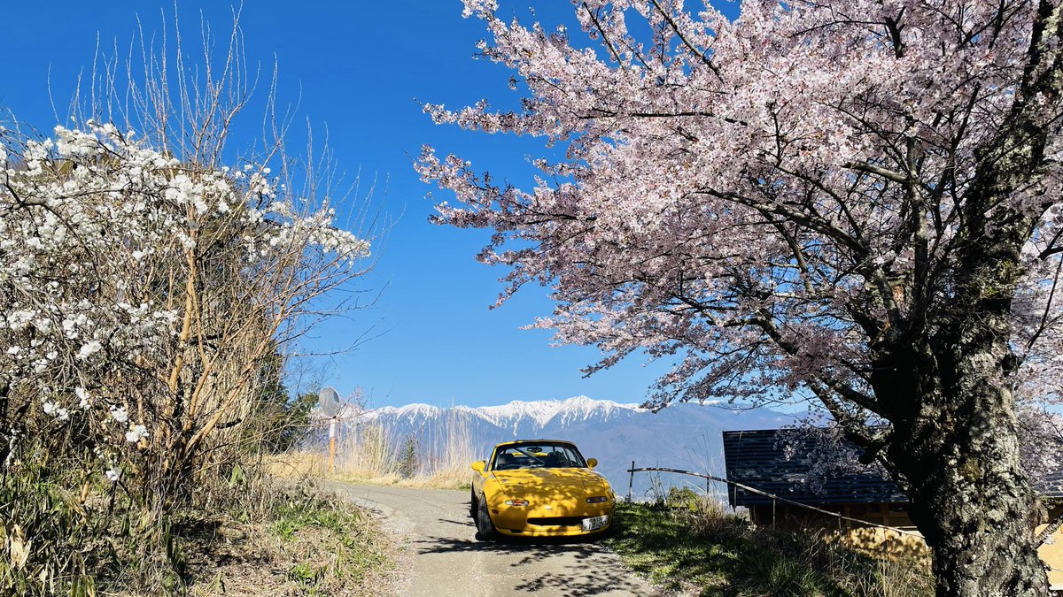 ktab1720's tweet photo. 花桃と桜と中央アルプスとロードスター https://t.co/ek56I73hoq