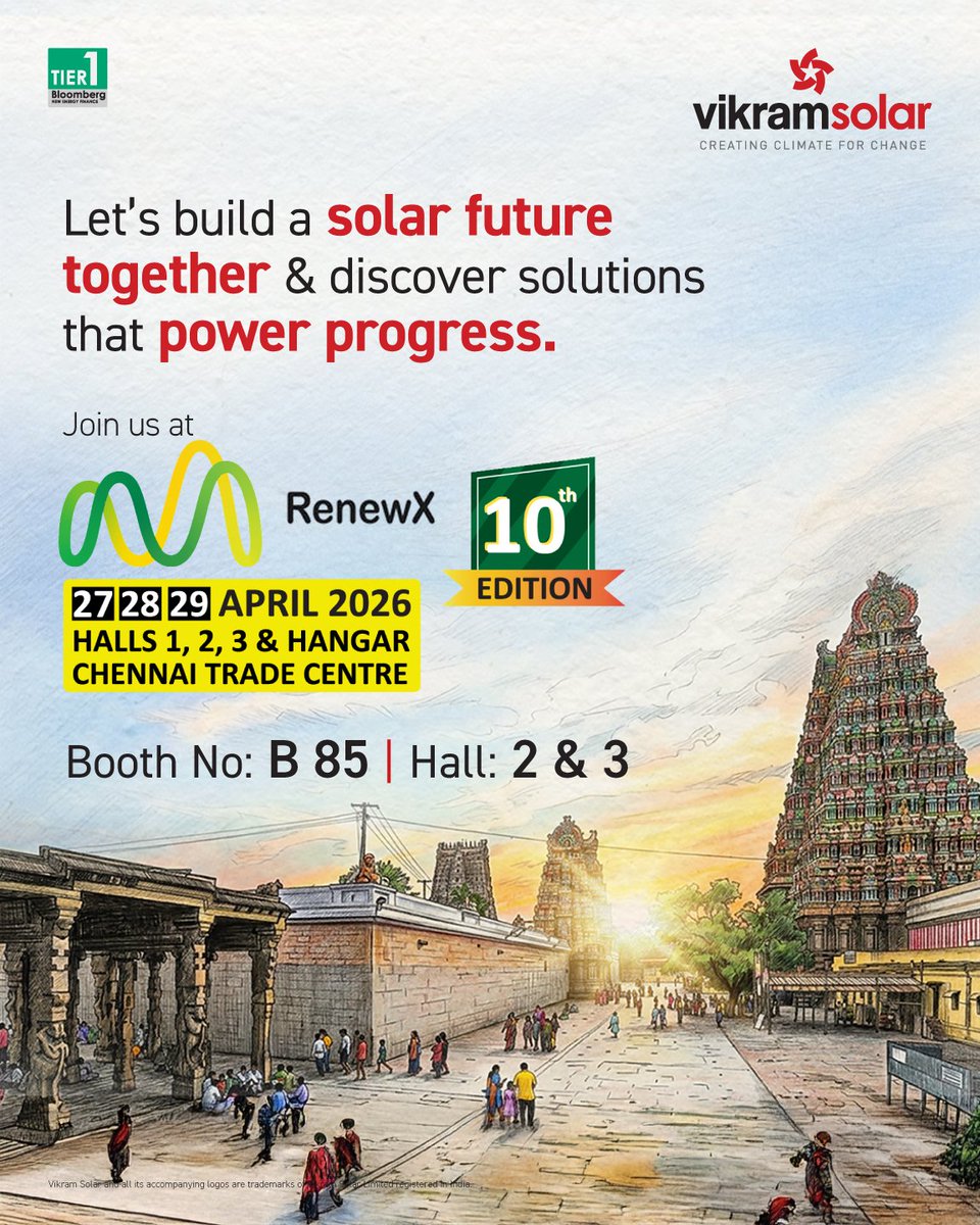 VikramSolar's tweet photo. Join us at RenewX 2026 – 10th Edition as we showcase solutions that power progress and accelerate the clean energy transition.

📅 27–29 April 2026
📍 Booth B85 | Hall 2 &amp; 3, Chennai Trade Centre

#VikramSolar #CreatingClimateForChange #RenewX2026 #SolarFuture #CleanEnergy https://t.co/gh93L6XfRt