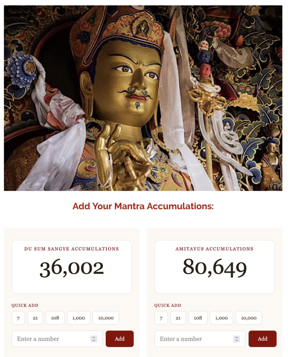 KhenpoRinpoche's tweet image. Please keep adding your Guru #Padmasambhava Dusum Sangye and #Buddha Amitayus mantra accumulations!
padmasambhava.org/post/2026-pbc-…

By this merit, may all beings have happiness and the cause of happiness!