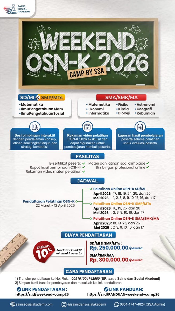 achiral5's tweet photo. 🏆 SIAP JADI JUARA OSN-K 2026 BERSAMA SAINS SOSIAL AKADEMI (SSA)!🏆
Halo, Sobat Prestasi! 👋✨

Mimpi jadi juara Olimpiade Sains Nasional tingkat Kabupaten/Kota (OSN-K) bukan lagi sekadar angan. Saatnya asah potensimu bersama Sains Sosial Akademi (SSA)! 🚀
#SSA #OSN2026 #studytwt https://t.co/pNPkByhfKp