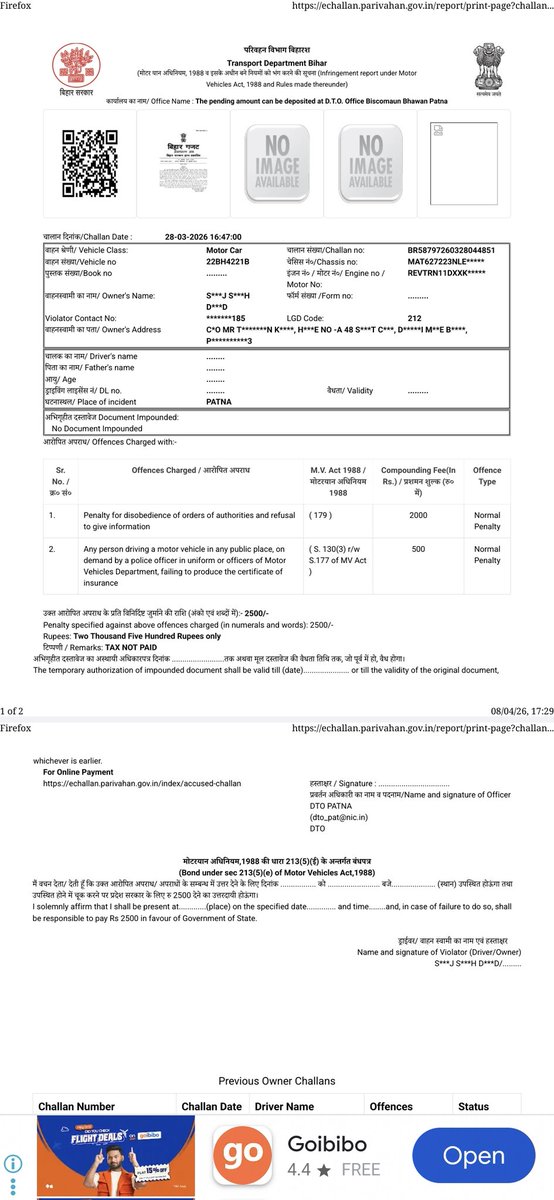 starsuraj's tweet photo. @BiharTransport  as per GOI MV act every 2 yearly road tax is to be paid throughout India for BH series why Bihar transport deprtmnt asking for 15 yrs tax at a time Defnce persons are really in trouble Sir .Car is not in Bihar since Jun 24,So why this  challan from PATNA RTO https://t.co/HH07YJCbMS