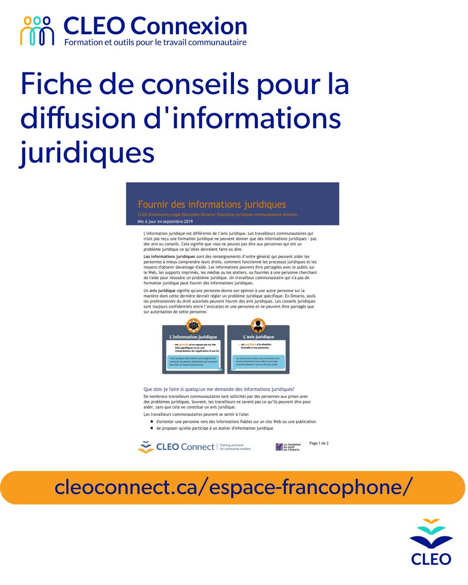 Vous demande-t-on des renseignements juridiques? Voici ce que les travailleuses et travailleurs communautaires doivent savoir. 

cleoconnect.ca/tcodownloads/f…